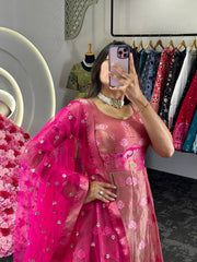 Adorable Pink Zari Work Weaving Jacquard Gown With Dupatta