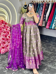 Adorable Purple Zari Work Weaving Jacquard Gown With Dupatta