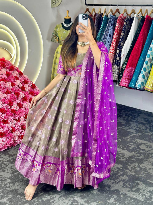 Adorable Purple Zari Work Weaving Jacquard Gown With Dupatta