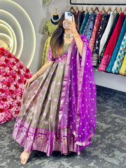 Adorable Purple Zari Work Weaving Jacquard Gown With Dupatta