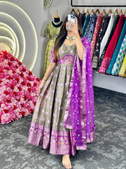 Adorable Purple Zari Work Weaving Jacquard Gown With Dupatta