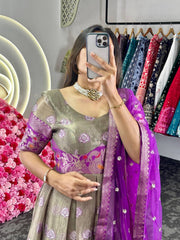 Adorable Purple Zari Work Weaving Jacquard Gown With Dupatta