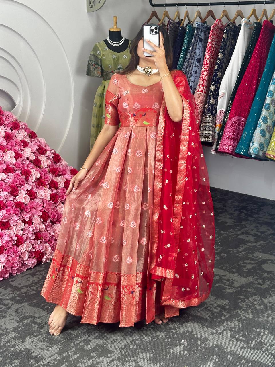 Adorable Red Zari Work Weaving Jacquard Gown With Dupatta