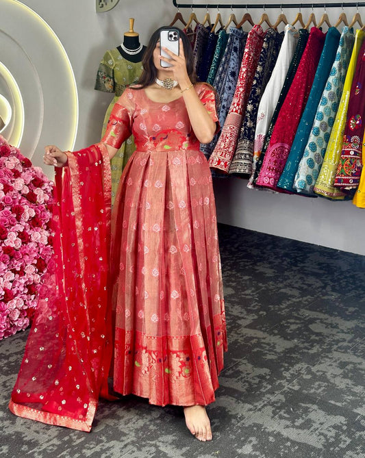 Adorable Red Zari Work Weaving Jacquard Gown With Dupatta