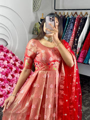 Adorable Red Zari Work Weaving Jacquard Gown With Dupatta