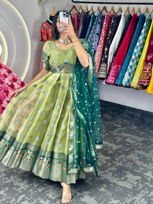 Adorable Green Zari Work Weaving Jacquard Gown With Dupatta