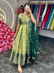 Adorable Green Zari Work Weaving Jacquard Gown With Dupatta