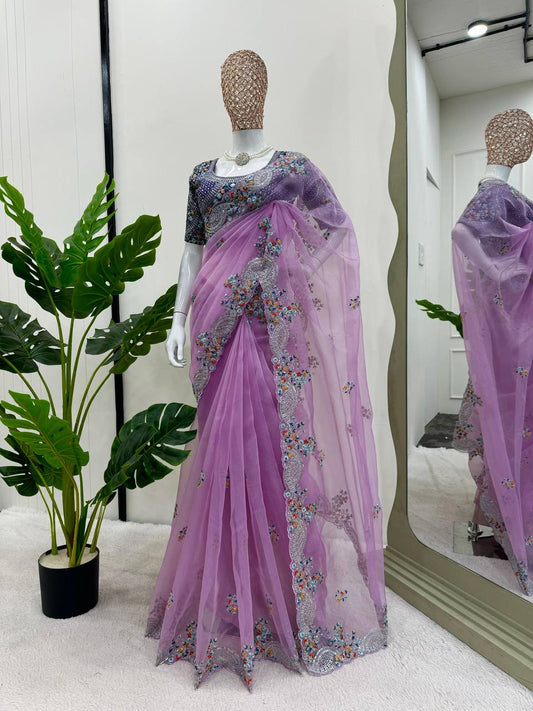 Glorious Lavender Color Organza Sequence Work Saree