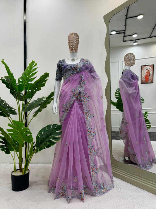 Glorious Lavender Color Organza Sequence Work Saree