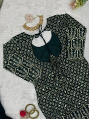 Delightful Heavy Work Green Color Top With Sharara Set