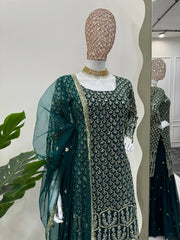 Delightful Heavy Work Green Color Top With Sharara Set