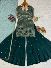 Delightful Heavy Work Green Color Top With Sharara Set