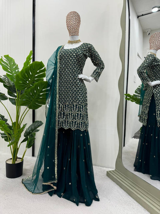 Delightful Heavy Work Green Color Top With Sharara Set