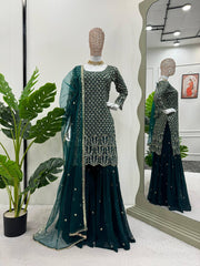 Delightful Heavy Work Green Color Top With Sharara Set