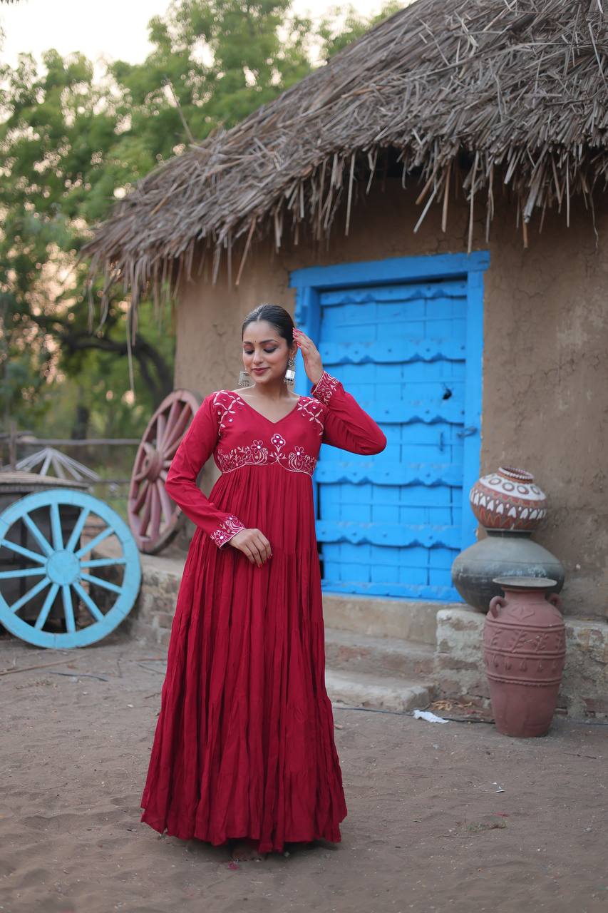 Fantastic Mirror Work Maroon Color Full Stitched Gown