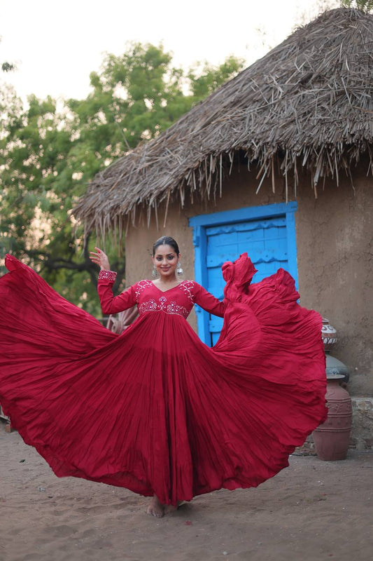 Fantastic Mirror Work Maroon Color Full Stitched Gown