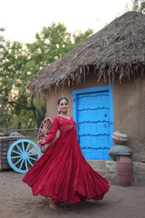 Fantastic Mirror Work Maroon Color Full Stitched Gown