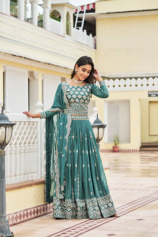 Unique Georgette Sequence Work Aqua Blue Color Lehenga Choli