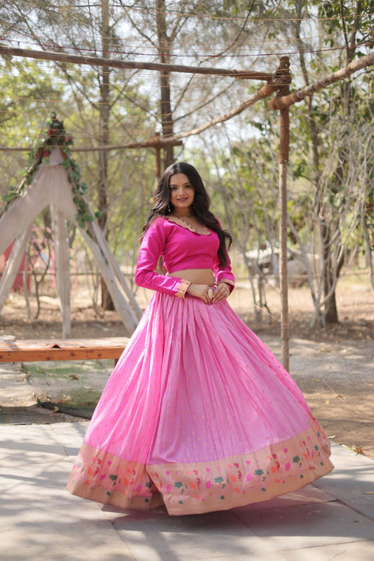 Graceful Pink Color Kalamkari Zari Border Lehenga Choli