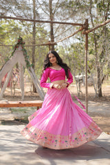 Graceful Pink Color Kalamkari Zari Border Lehenga Choli