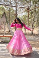 Graceful Pink Color Kalamkari Zari Border Lehenga Choli