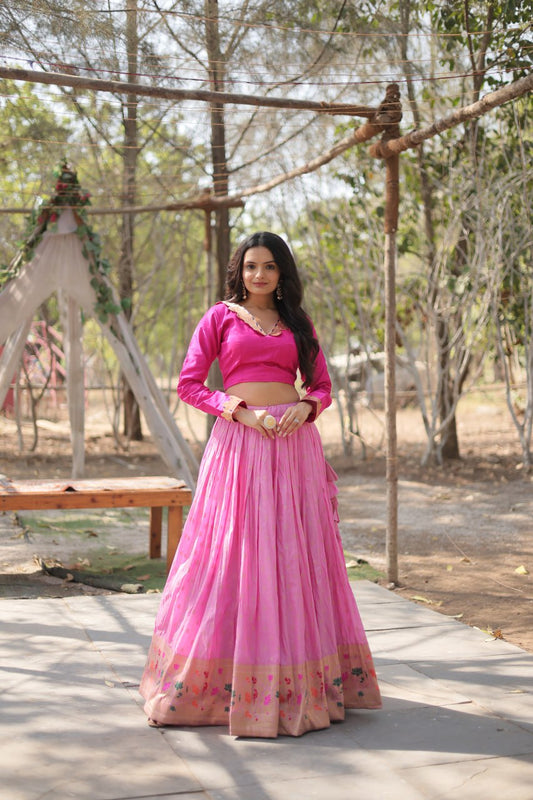 Graceful Pink Color Kalamkari Zari Border Lehenga Choli