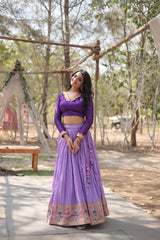 Graceful Lavender Color Kalamkari Zari Border Lehenga Choli