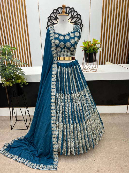 Exclusive Chinon Silk Sequence Work Teal Blue Color Lehenga Choli