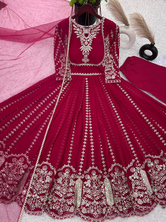 Fashionable Georgette Dark Pink Color Embroidery Work Anarkali Gown