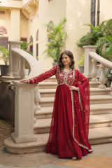 Fantastic Maroon Color Sequencce Work Gown With Dupatta