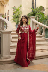 Fantastic Maroon Color Sequencce Work Gown With Dupatta