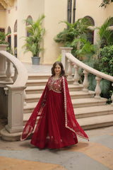 Fantastic Maroon Color Sequencce Work Gown With Dupatta