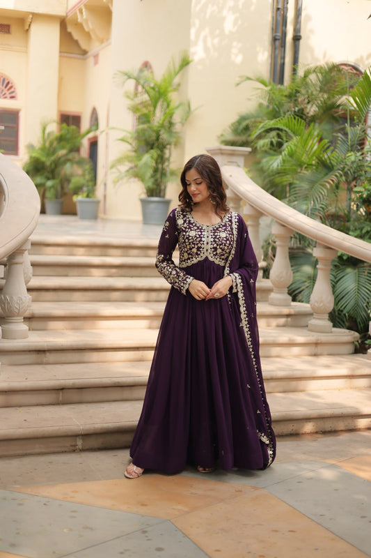 Fantastic Wine Color Sequencce Work Gown With Dupatta