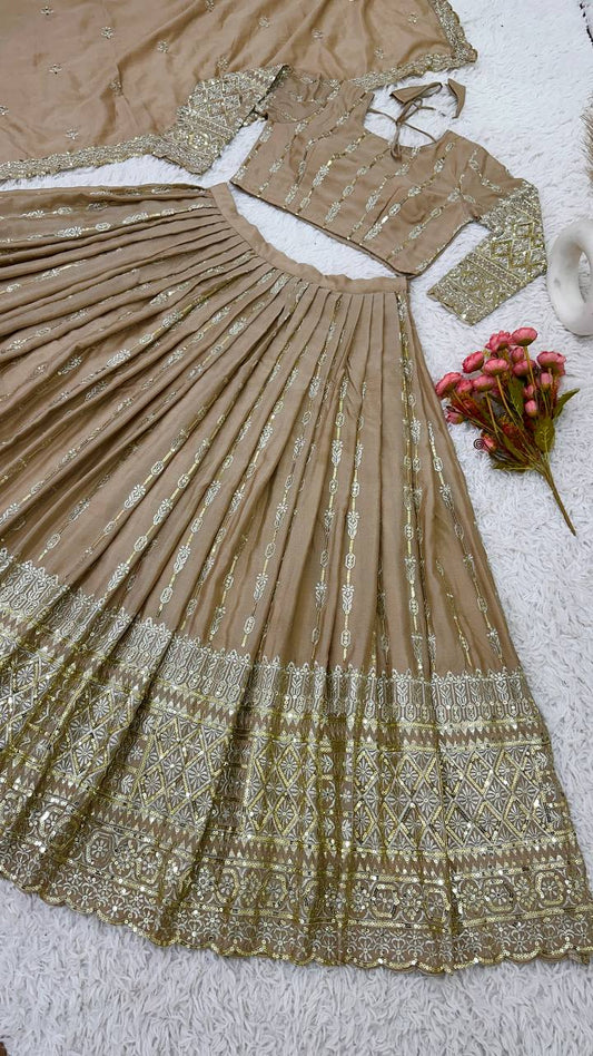 Function Wear Beige Color Chinnon Heavy Work Lehenga Choli