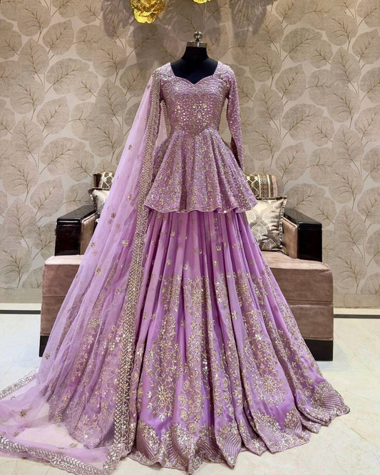 Wedding Wear Georgette Lavender Color Full Sleeve Top With Lehenga