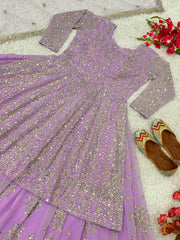 Wedding Wear Georgette Lavender Color Full Sleeve Top With Lehenga