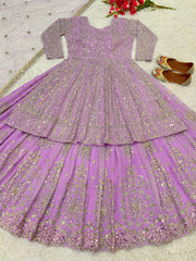 Wedding Wear Georgette Lavender Color Full Sleeve Top With Lehenga