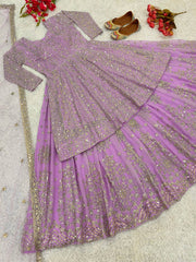 Wedding Wear Georgette Lavender Color Full Sleeve Top With Lehenga