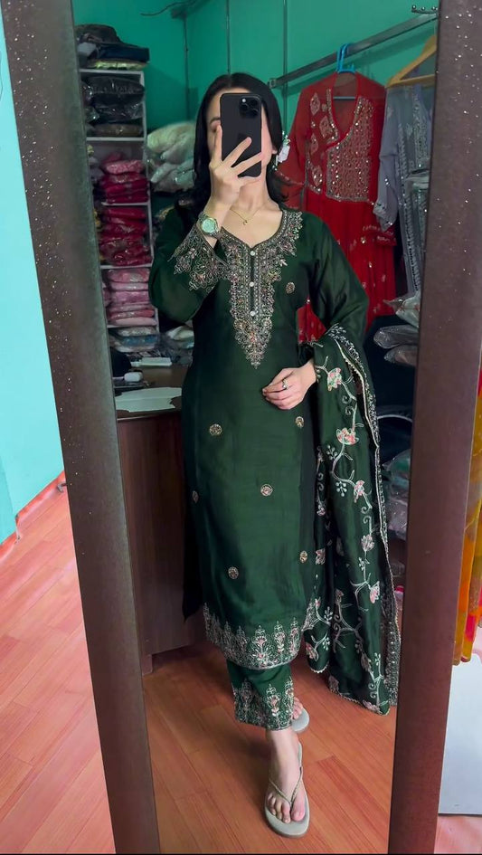 Function Wear Green Color Embroidery Sequence Work Salwar Suit