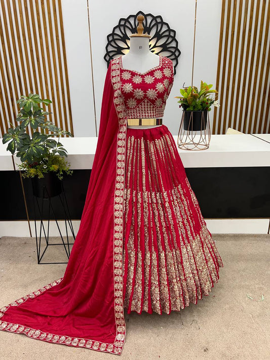 Exclusive Chinon Silk Sequence Work Red Color Lehenga Choli