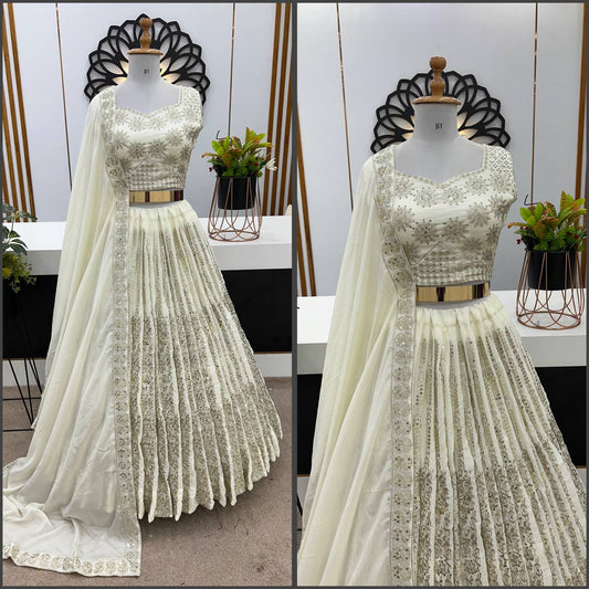 Exclusive Chinon Silk Sequence Work White Color Lehenga Choli