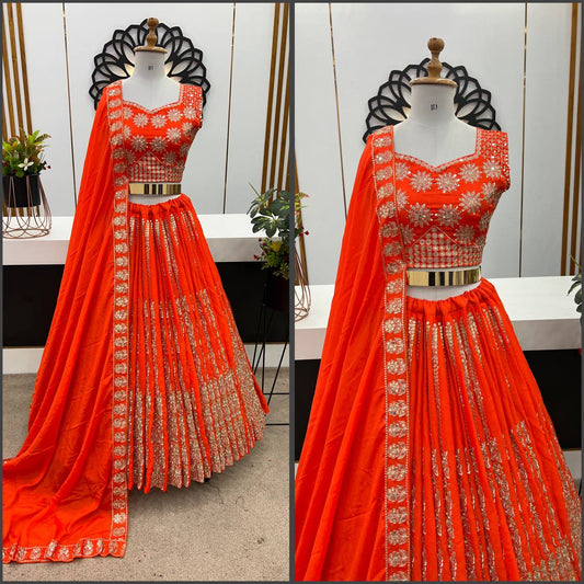 Exclusive Chinon Silk Sequence Work Orange Color Lehenga Choli