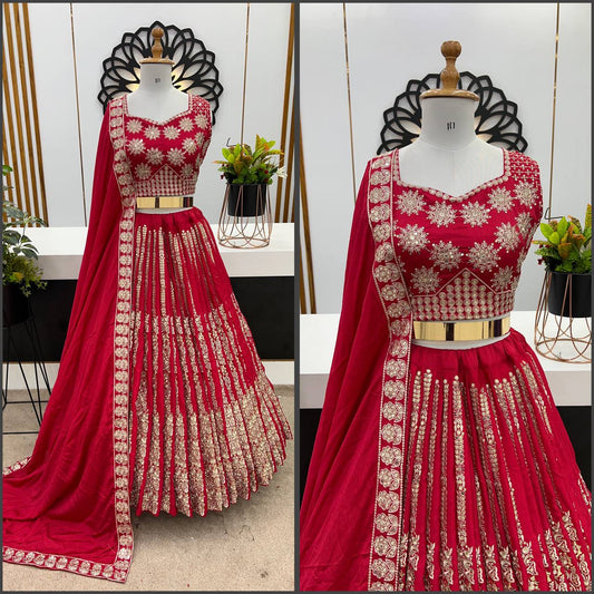 Exclusive Chinon Silk Sequence Work Red Color Lehenga Choli