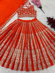 Exclusive Chinon Silk Sequence Work Orange Color Lehenga Choli