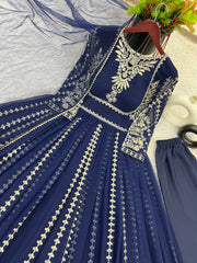 Fashionable Georgette Blue Color Embroidery Work Anarkali Gown