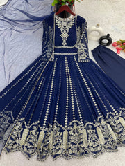 Fashionable Georgette Blue Color Embroidery Work Anarkali Gown