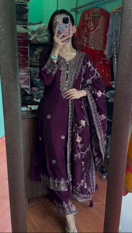 Function Wear Wine Color Embroidery Sequence Work Salwar Suit