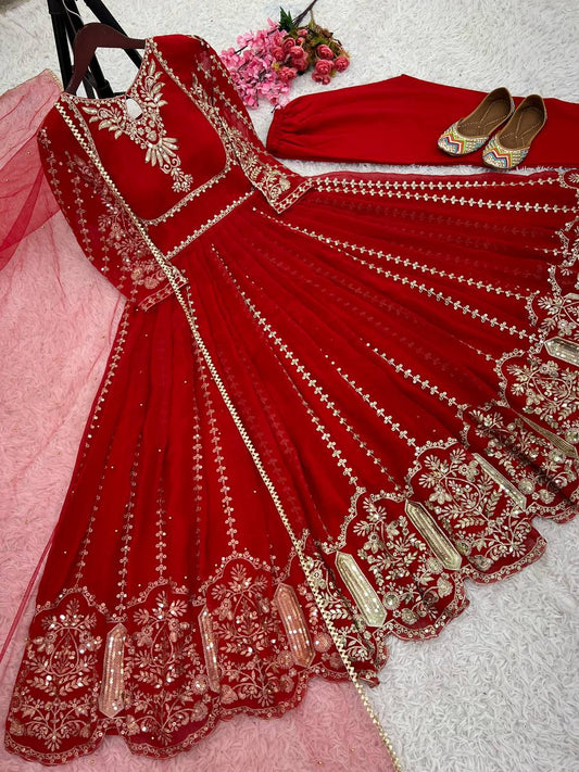 Fashionable Georgette Red Color Embroidery Work Anarkali Gown