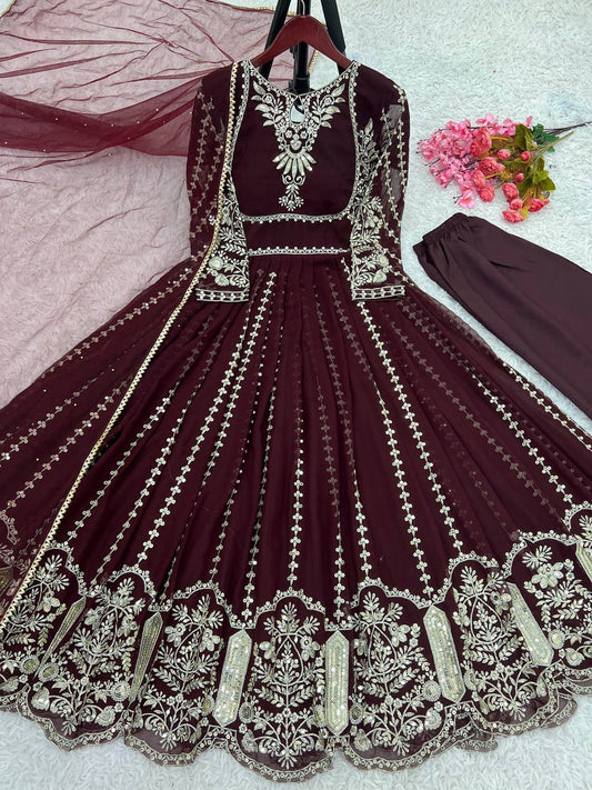 Fashionable Georgette Maroon Color Embroidery Work Anarkali Gown