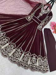 Fashionable Georgette Maroon Color Embroidery Work Anarkali Gown